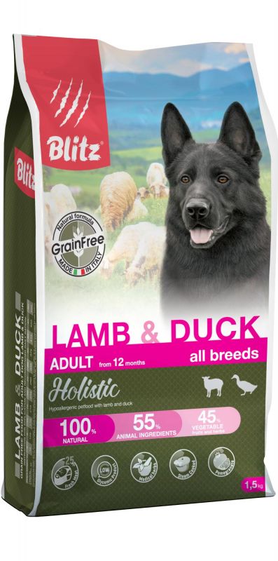 Blitz Holistic food for adult dogs of all breeds, lamb and duck