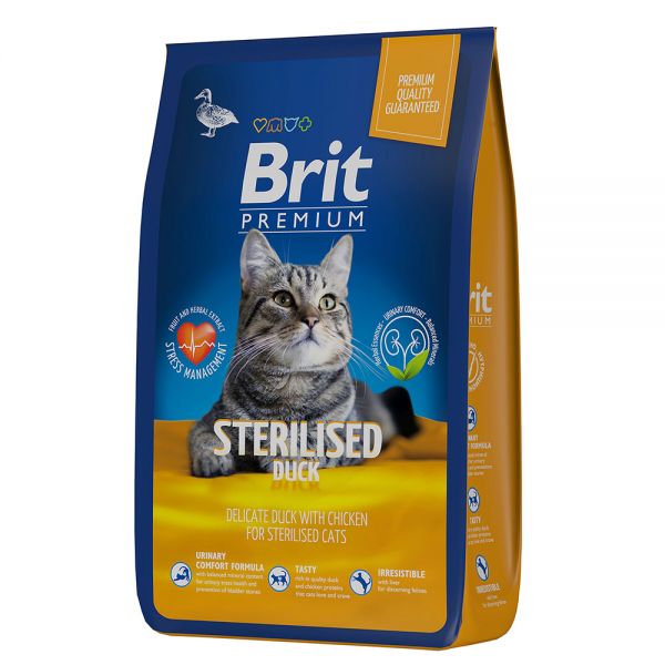 Brit Premium food for adult sterilized cats with duck and chicken