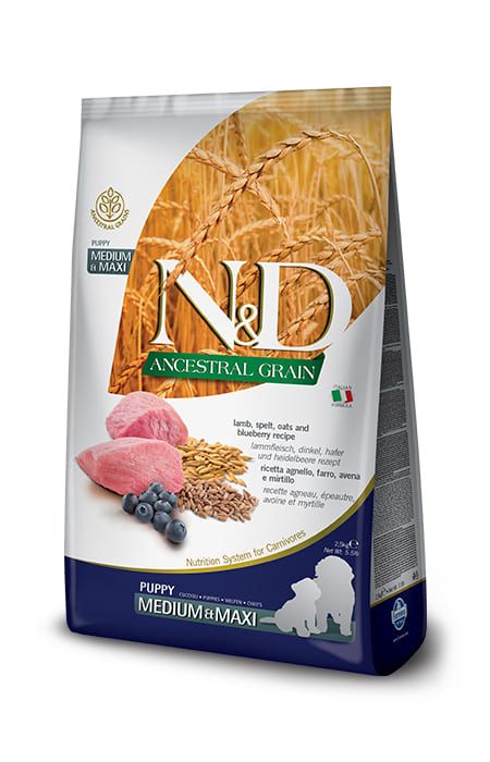 Farmina N&D Ancestral Grain Puppy Food for Medium to Large Breeds, Low Grain, Lamb, Blueberry