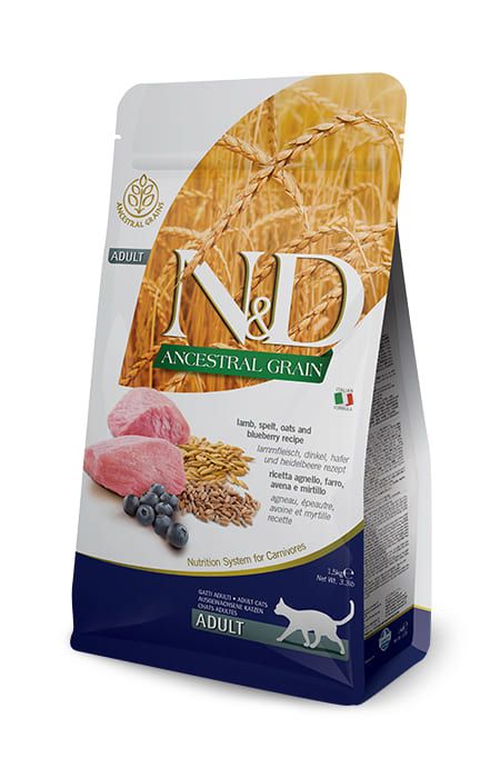 Farmina N&D Ancestral Grain adult cat food, low grain, lamb & blueberry