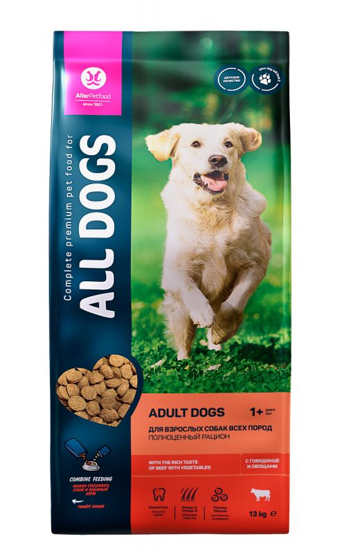 All Dogs food for adult dogs of all breeds, with beef and vegetables