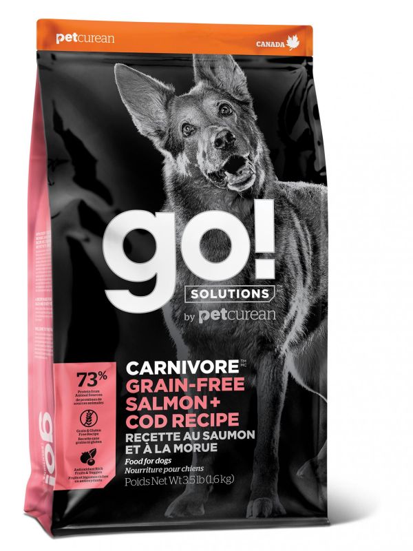 GO! food for puppies and adult dogs of all breeds, grain-free, salmon and cod