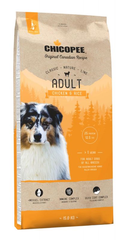 Chicopee food for adult dogs of all breeds, chicken and rice